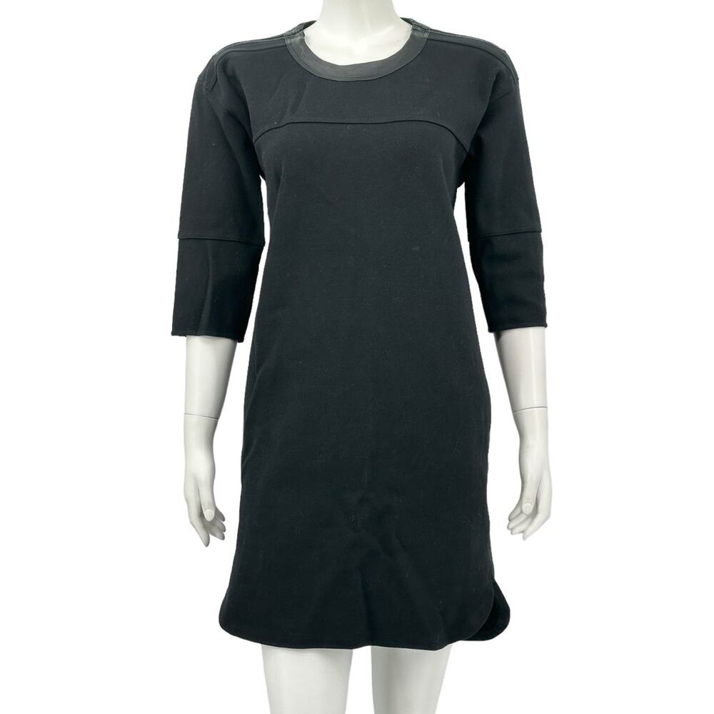 Madewell Dress Womens XS Black Leather Trim Pique Ponte Shift Pockets Cotton LBD